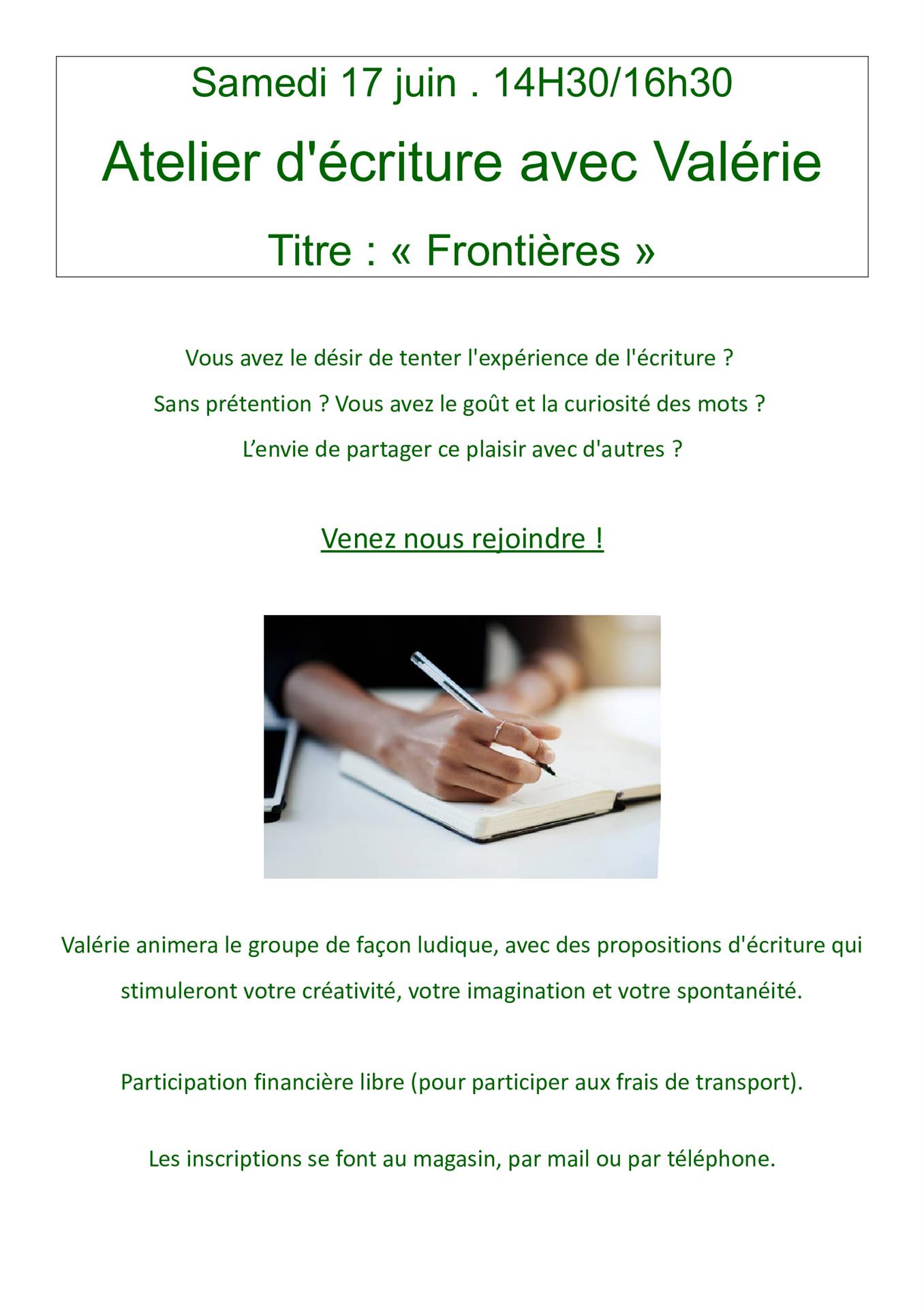 Samedi 17 juin : atelier écriture avec Valérie